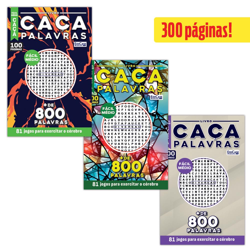 Kit 3 Livros Caça-Palavras ed.05 - Fácil/Médio - 65,67 e 70: 300 páginas e 228 jogos para exercitar o cérebro