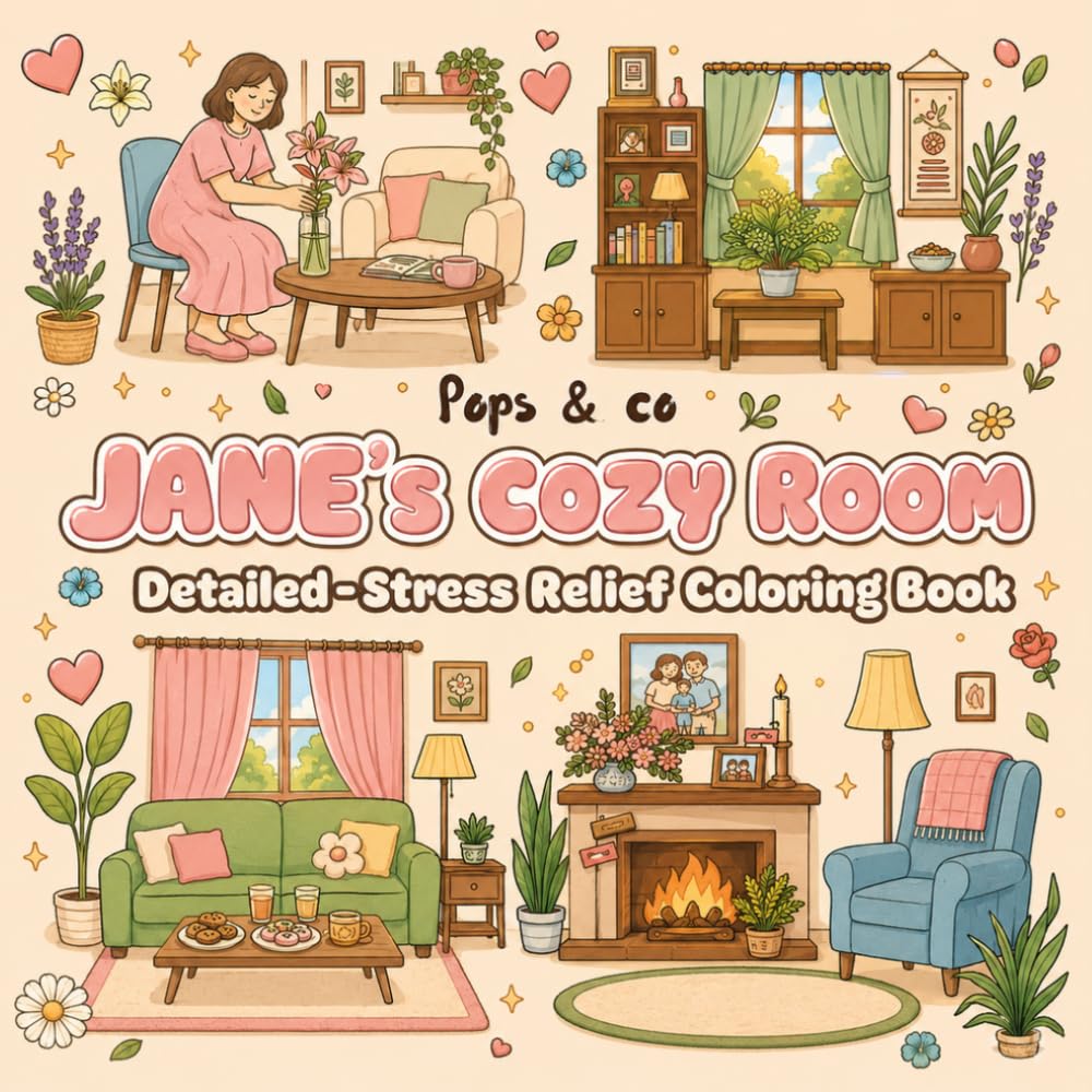 Jane's Cozy Room:Stress Relief Coloring Book::Bold and Detailed Cozy Coloring Book for Adults, Teens and Kids: Aesthetic Room Interiors, Living Room... and Stress Relief Designs with Thick Lines baixar o livro de graça
