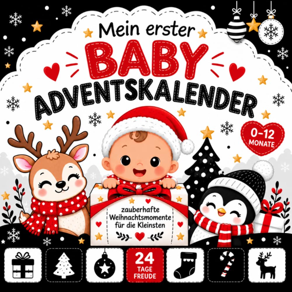 ler totalmente Mein erster Baby Adventskalender: 24 Kontrastbilder bis Weihnachten | Kontrastbuch für Babys 0–12 Monate mit einfachen Schwarz-Weiß-Weihnachtsmotiven (German Edition)