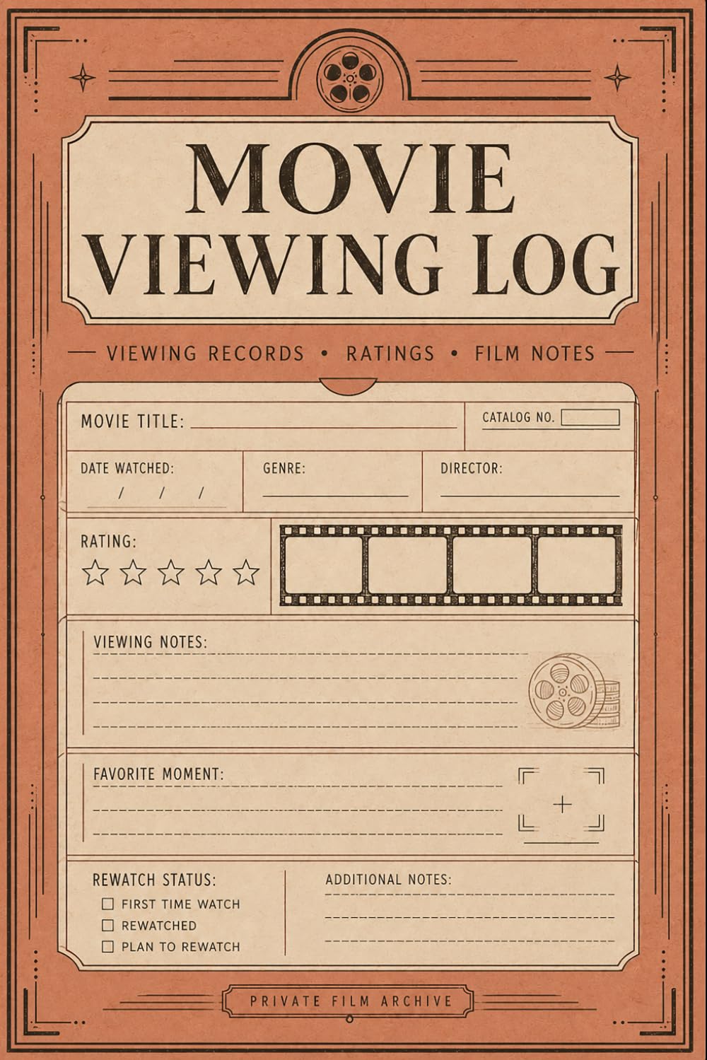 ler totalmente Movie Viewing Log: Film-Watching Record for Titles, Ratings, Genres, Viewing Dates, Character Notes, Favorite Scenes, and Personal Impressions