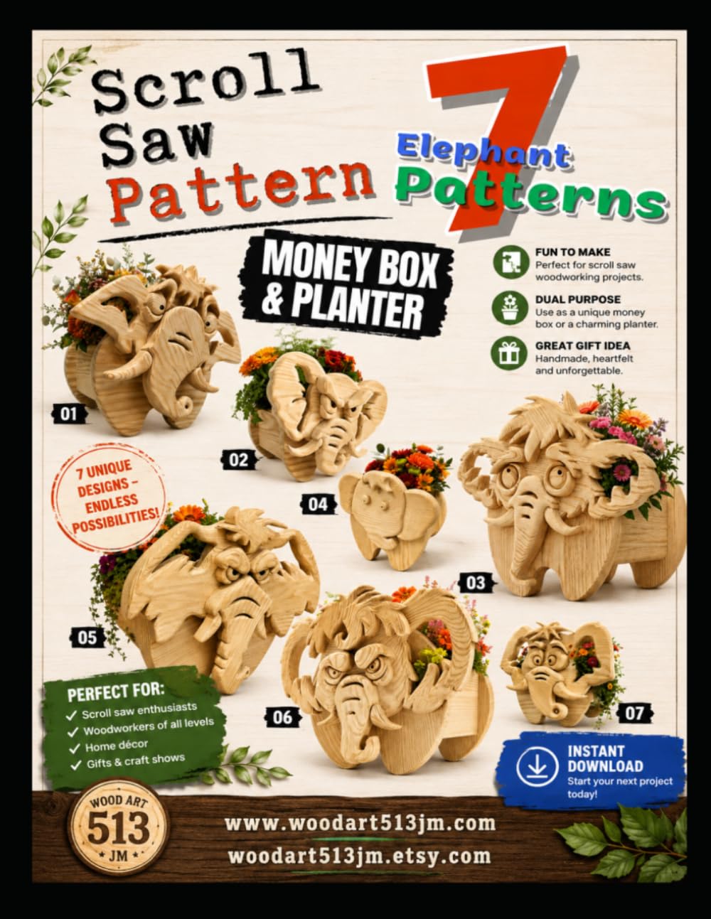 capítulo por capítulo baixar 7 Elephant Scroll Saw Patterns: Money Box & Planter Collection
