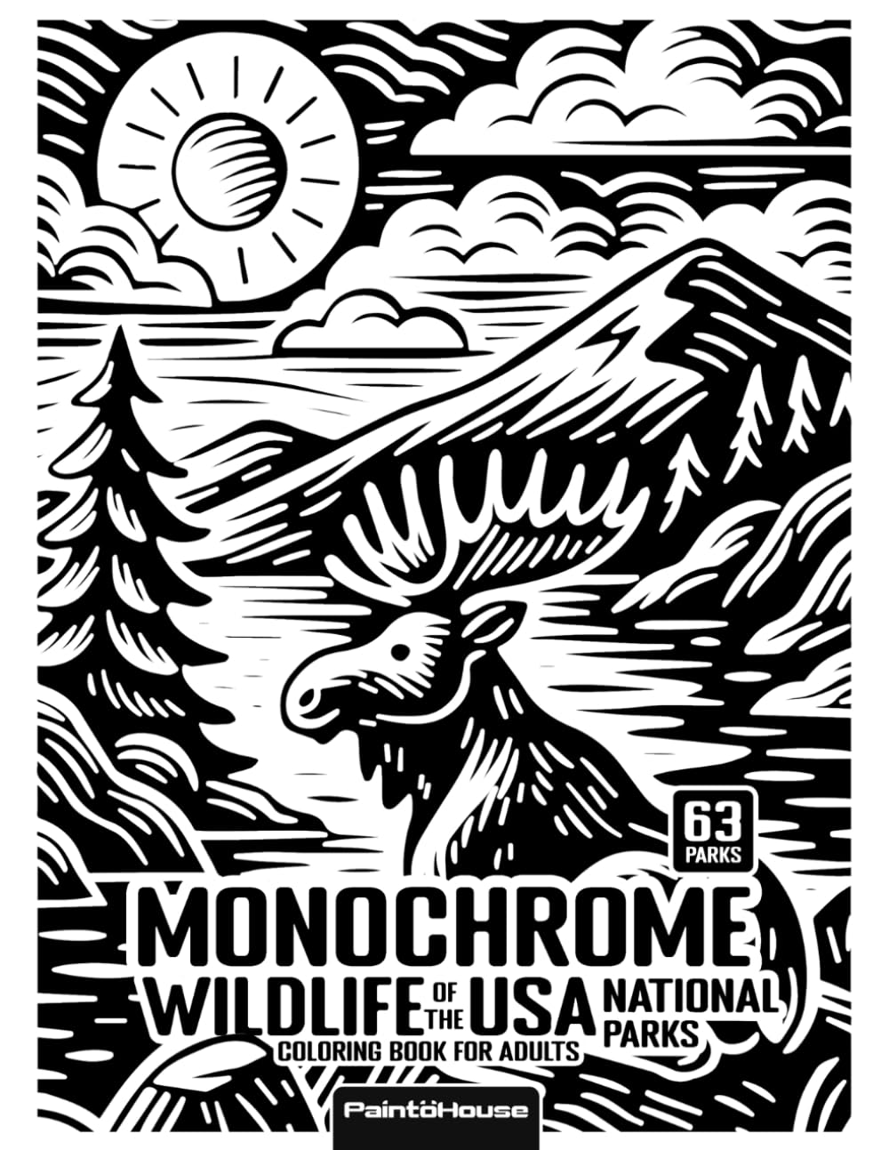 capítulo por capítulo baixar Monochrome Wildlife of the USA National Parks: 63 Park Animals in Easy Black & White Woodcut-Inspired Illustrations for Slow, Relaxing One-Pen Coloring