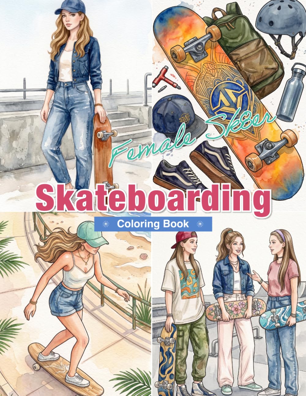 ler totalmente Skateboarding Coloring Book for Adults: Women Skaters, Skateparks, Tricks, Deck Designs, Skate Gear, and Modern Street Lifestyle Scenes