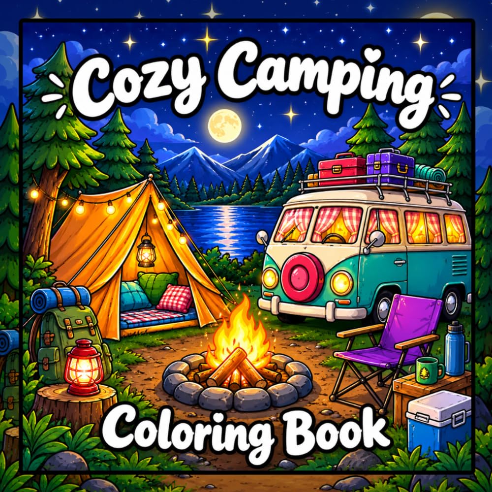 Cozy Camping Coloring Book: Cute Camper Vans, Tents, Campfires and Relaxing Nature Scenes for Adults and Teens baixar o livro de graça