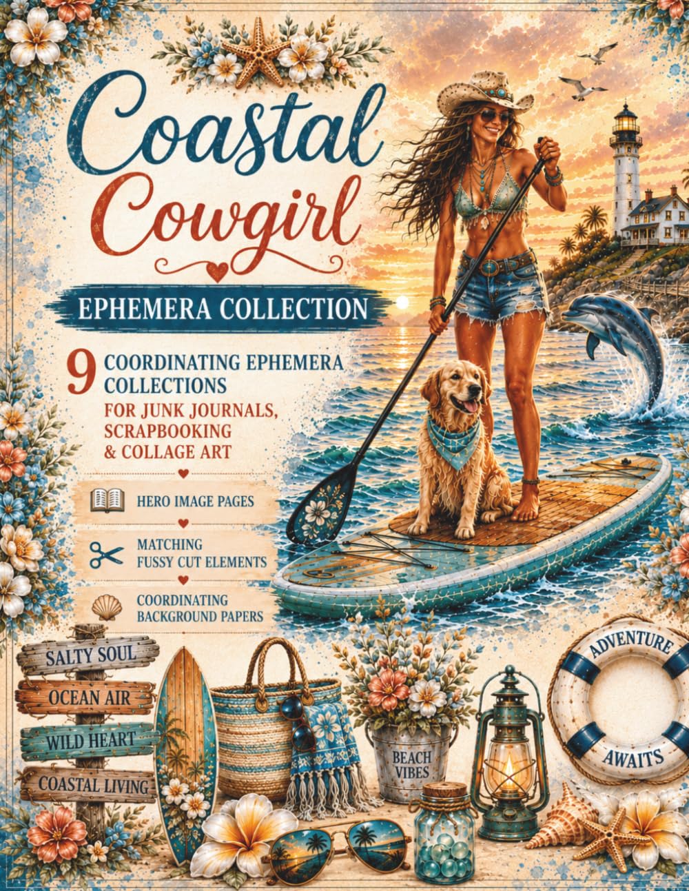 ler totalmente Ephemera Cut and Collage - Coastal Cowgirl: 9 Coordinating Collections for Junk Journals, Scrapbooking & Collage Art - Full inspirational pages -... backgrounds - Matching fussy-cut elements