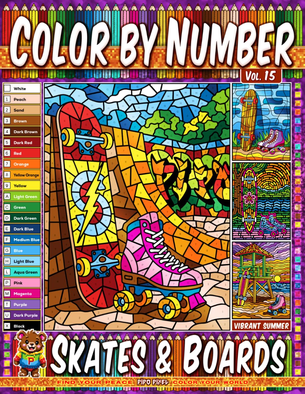 ler totalmente Color by Number Vol. 15 - Skates and Boards: Vibrant Summer Edition - 20 Pages in Diverse Art Styles - Skateboards And Sunny Skating Adventures