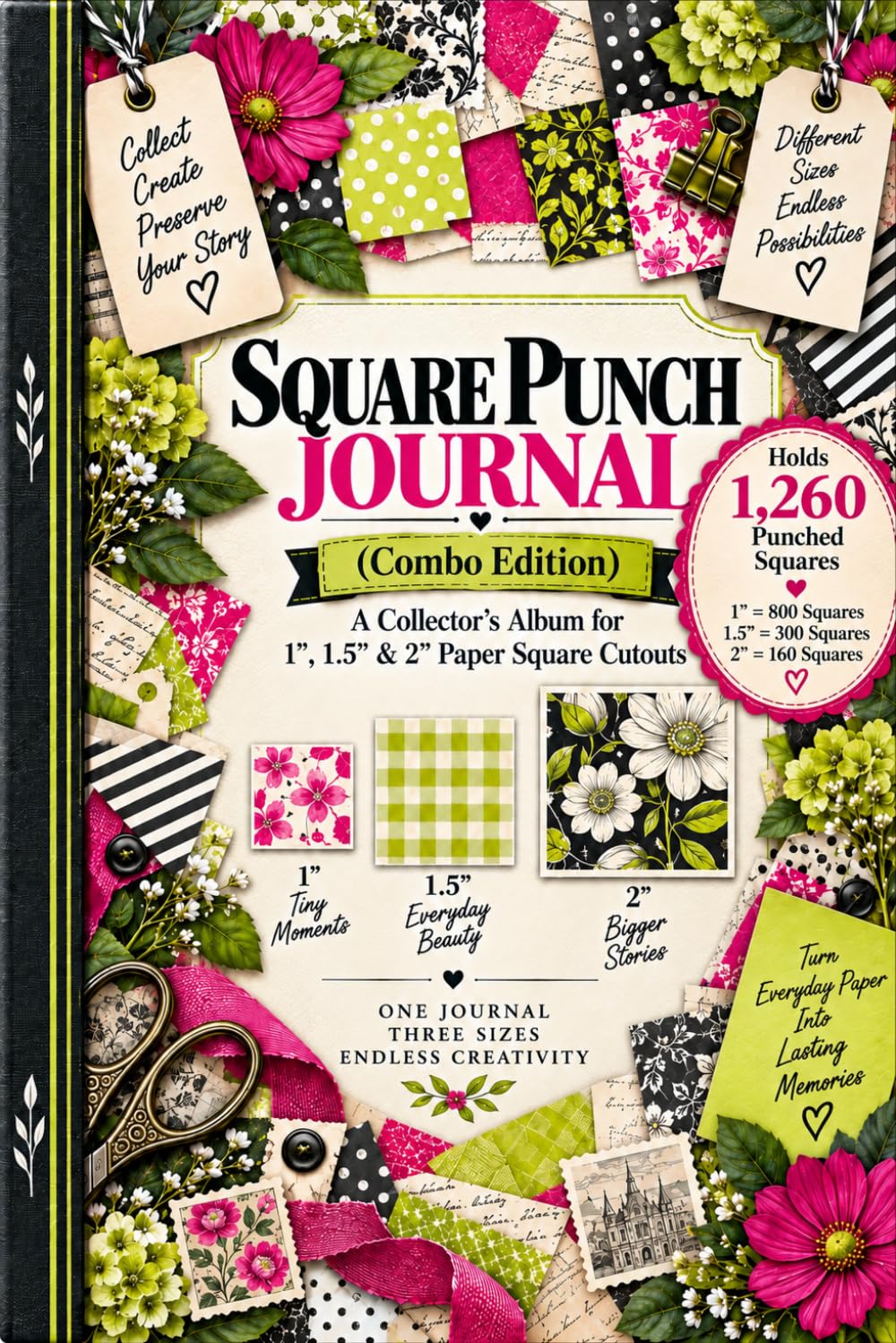 ler totalmente Square Punch Journal Combo Edition for 1", 1.5" & 2" Squares (25.4 mm, 38 mm & 50.8 mm): A Collector's Album That Holds 1,260 Punched Squares | 6 x 9 Inch Size | Cream/Ivory Colored Paper