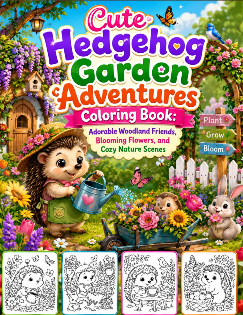 Cute Hedgehog Garden Adventures Coloring Book: Adorable Woodland Friends, Blooming Flowers, and Cozy Nature Scenes baixar o livro de graça