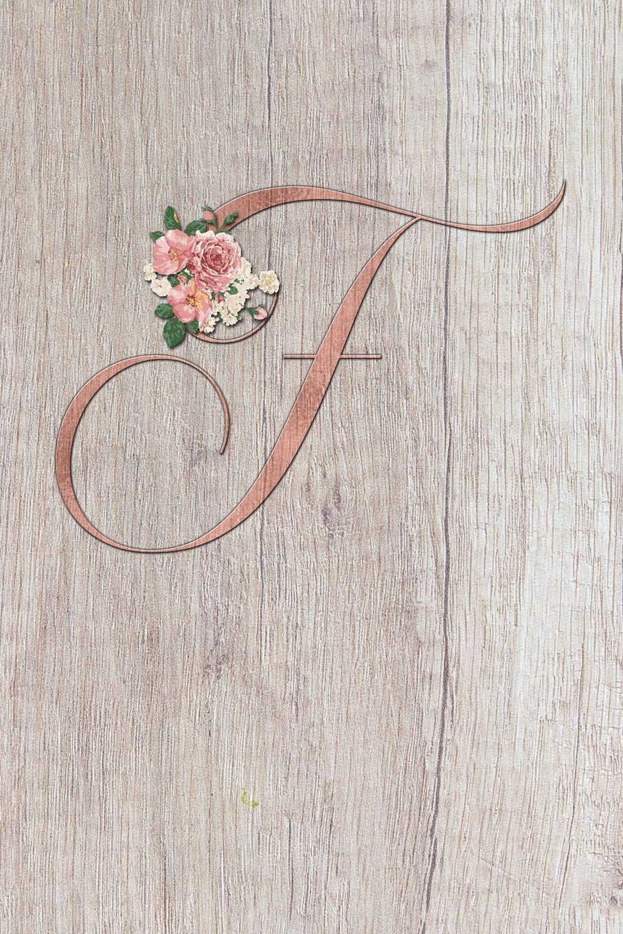 F: Letter F Dotted Matrix Notebook and Planner, Rose Gold on Wood, Personalized Bullet Dot Grid Journal Monogram Initial, 6 x 9