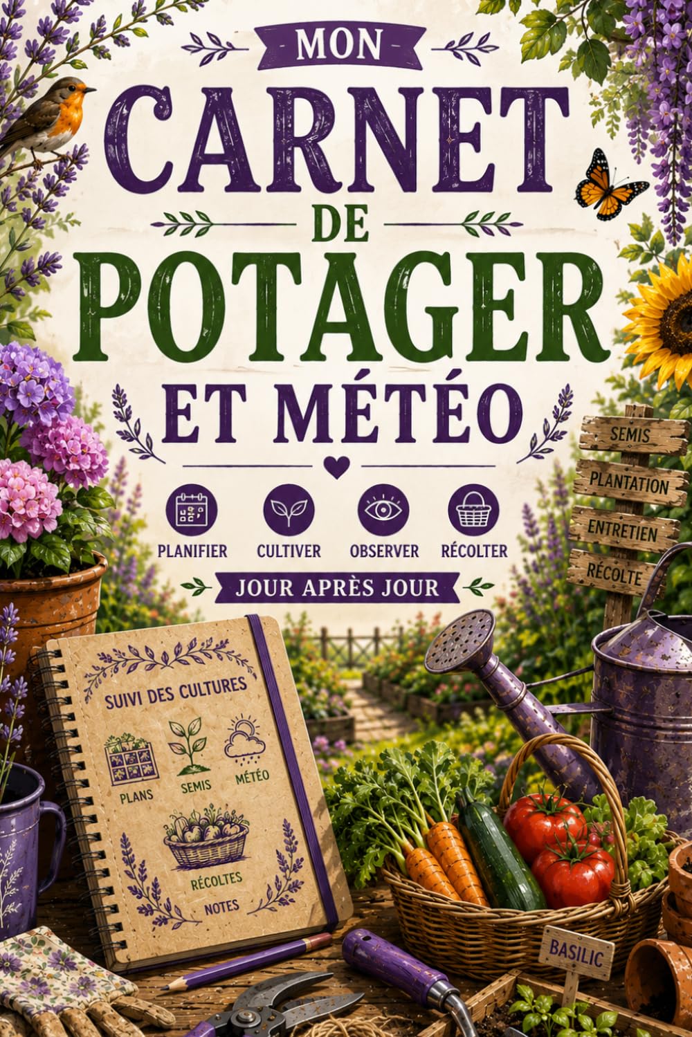 ler totalmente Carnet Potager et Suivi Météo: Journal de jardinage à remplir - Plan du jardin, calendrier des semis, suivi des cultures, météo quotidienne, récoltes, observations de la nature et conseils pratiques