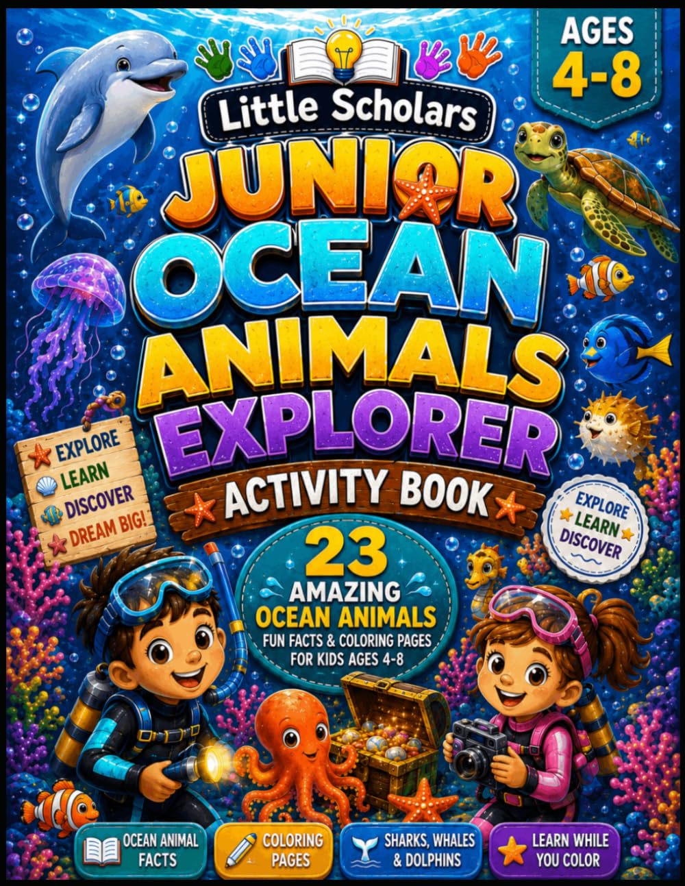ler totalmente Little Scholars Junior Ocean Animals Explorer: 23 Amazing Ocean Animals and Their Facts for Kids Ages 4-8 | Fun Educational Coloring Book with... Whales, Sea Turtles, Octopuses, and More