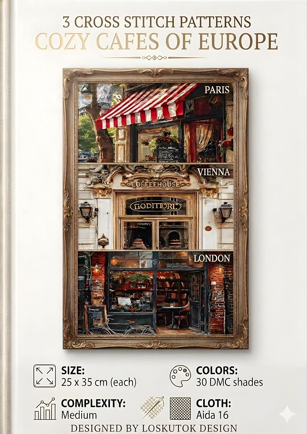 ler totalmente Cozy Cafés of Europe: 3 Classic Designs for Cross-Stitch: Paris, Vienna, London. Includes Stitching Guide (World Café Collection: Cross-Stitch Patterns) (English Edition)