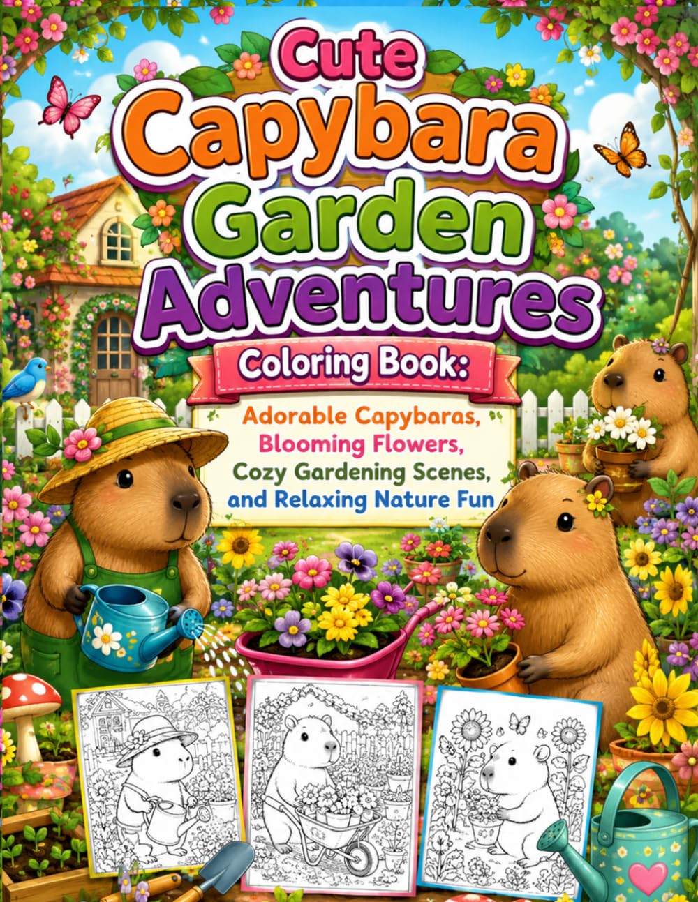 ler totalmente Cute Capybara Garden Adventures Coloring Book: Adorable Capybaras, Blooming Flowers, Cozy Gardening Scenes, and Relaxing Nature Fun