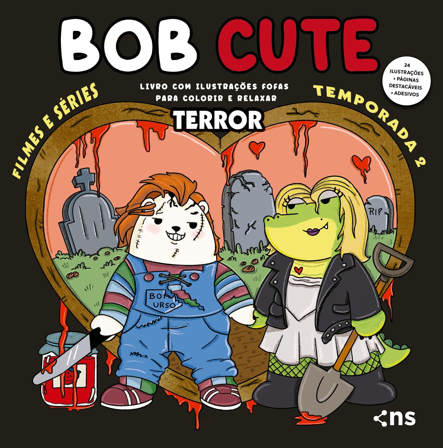 BOB CUTE – FILMES E SERIES TERROR - Livro com ilustrações fofas e originais para pintar, páginas destacáveis e acompanha uma cartela de adesivo - papel 180gr