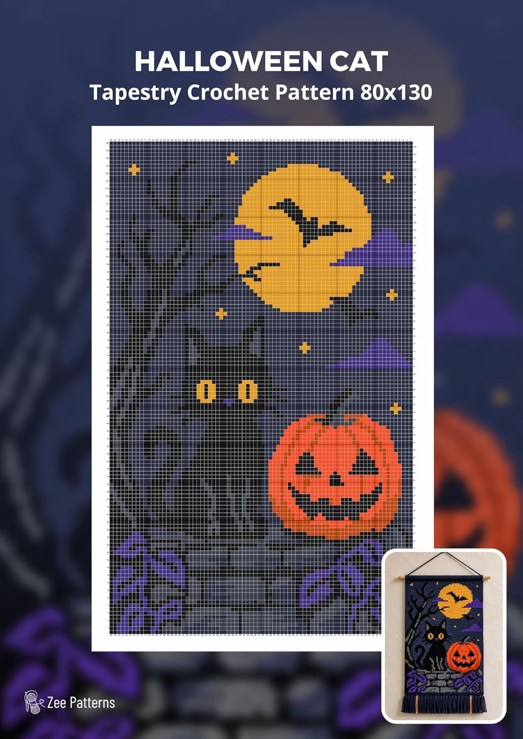 ler totalmente Halloween Cat Tapestry Crochet Pattern 80x130 Stitches: A Spooky Wall Art Project Featuring a Black Cat, Moonlit Sky, Twisted Tree, and Jack-o-Lantern (English Edition)