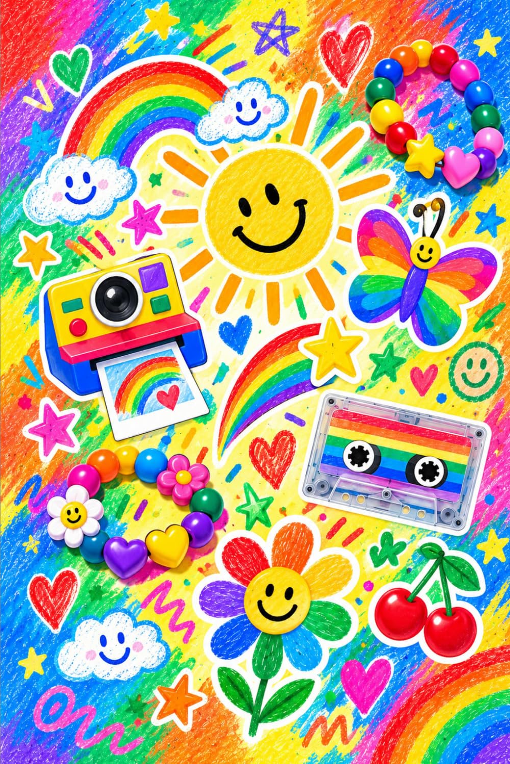 Kidcore Notebook: Bright 90s Aesthetic Lined Journal | Rainbows, Smiley Flowers & Cassettes | 6x9, 110 Pages