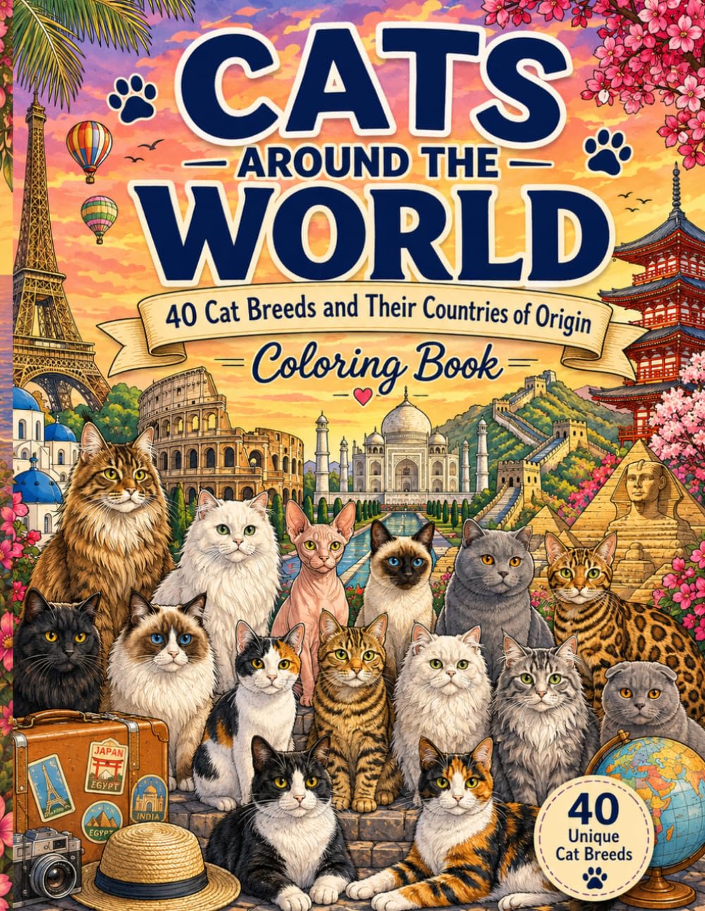 capítulo por capítulo baixar Cats Around the World: 40 Cat Breeds and Their Countries of Origin Coloring Book | Cute Feline Travel & Geography Coloring Pages for Adults, Teens, and Cat Lovers (8.5 x 11 Inches)