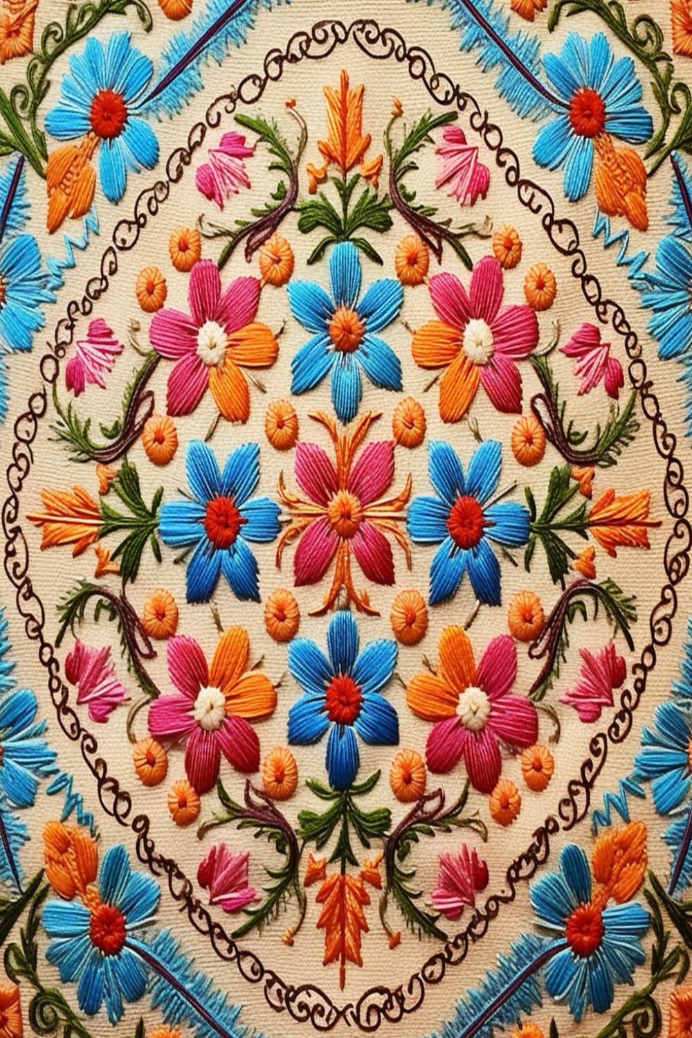 ler totalmente Intricate floral embroidery design: traditional style, vibrant colors, detailed stitching
