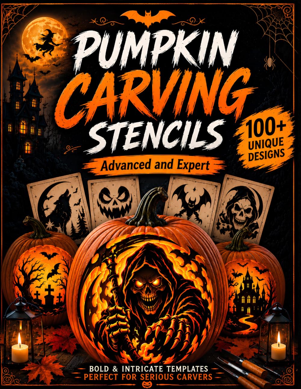 Pumpkin Carving Stencils: 100+ Advanced and Expert Jack-o’-Lantern Templates | Detailed Faces, Spooky Artwork and Creative Decorations baixar o livro de graça