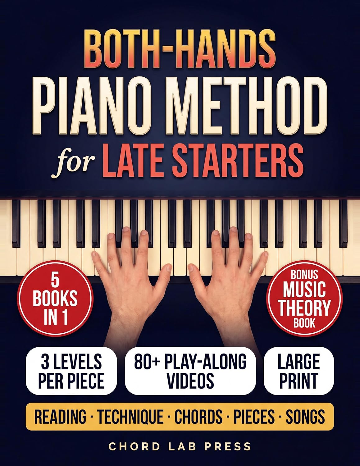 ler totalmente The Both-Hands Piano Method for Late Starters: A 5-in-1 Course for Adult Beginners: Reading, Chords, Exercises, 23 Pieces at Three Levels & 15 Songs with... Play-Along Videos Included (English Edition)