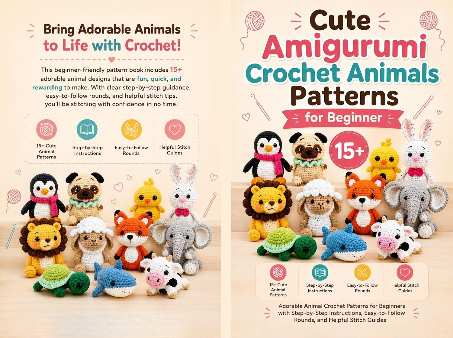 ler totalmente Cute Amigurumi Crochet Animals Patterns for Beginner: 15+ Adorable Animal Crochet Patterns for Beginners with Step-by-Step Instructions, Easy-to-Follow... and Helpful Stitch Guides (English Edition)