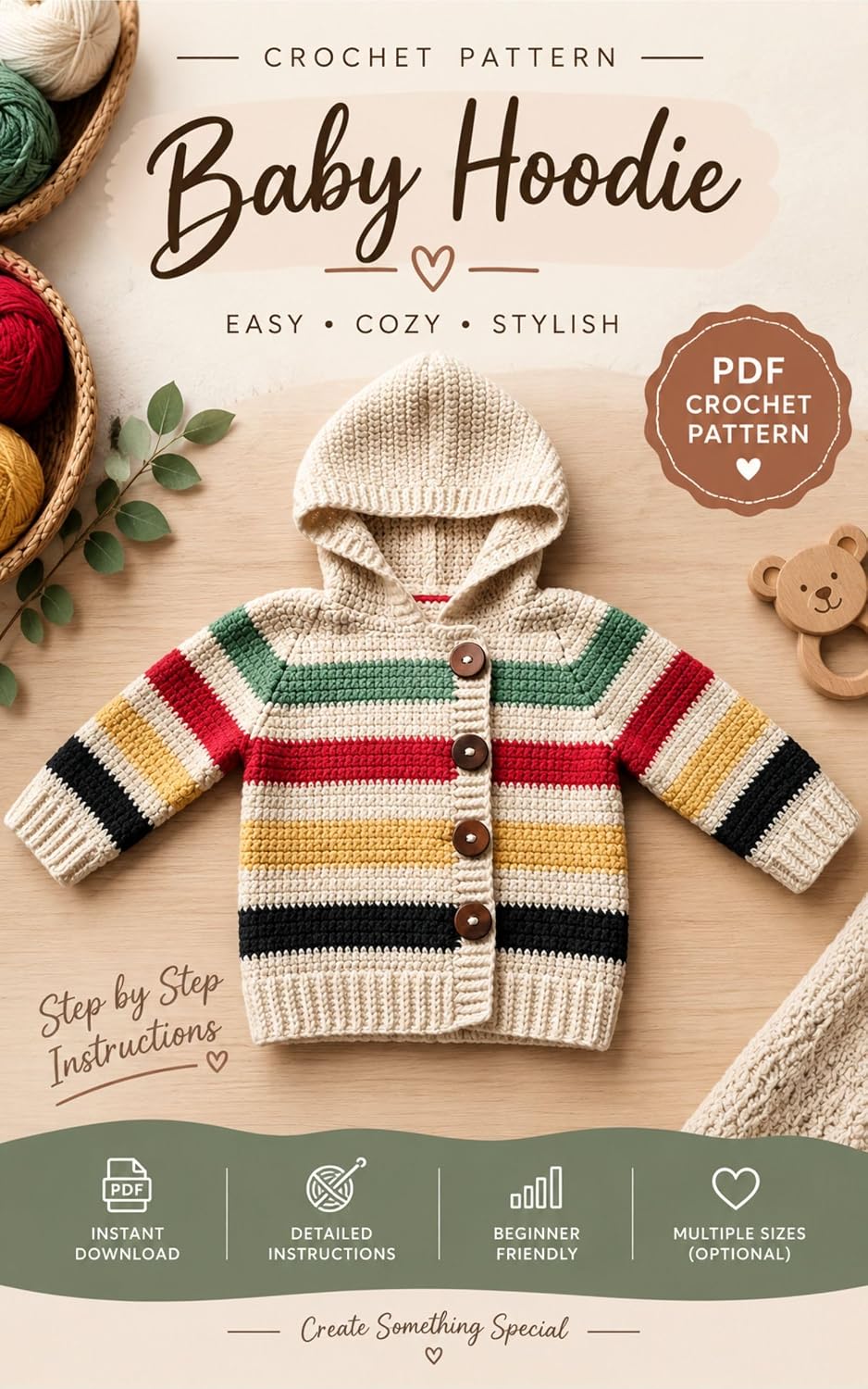 Crochet Baby Hooded Sweater Pattern: A Striped Crochet Sweater Pattern with a Hood, Ribbed Cuffs, and Button Front (English Edition) baixar livro de graça