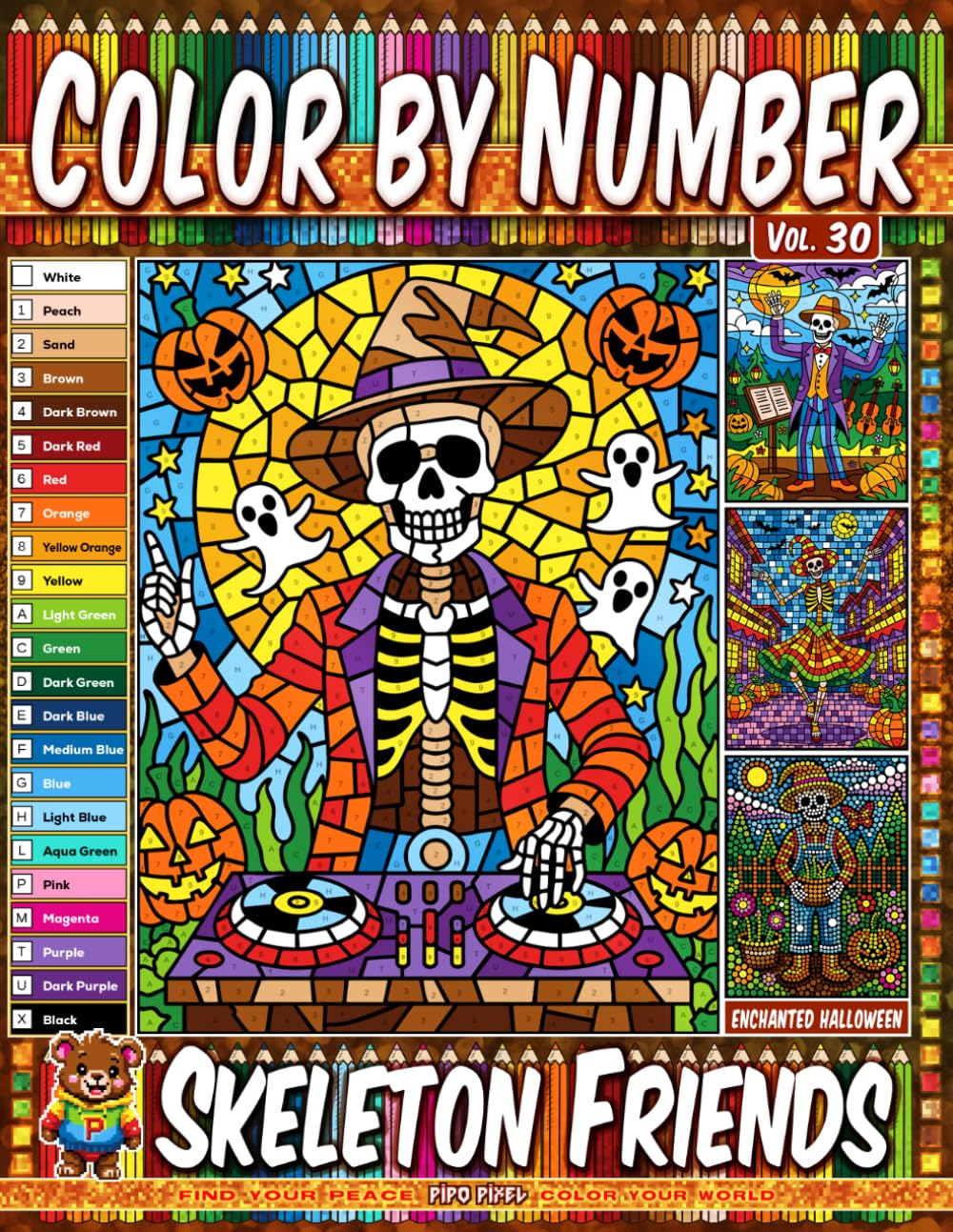 ler totalmente Color by Number Vol. 30 - Skeleton Friends: Enchanted Halloween Edition - 20 Pages in Diverse Art Styles - Cheerful Skeletons And Spooky Halloween Fun (Premium Print: Diverse Art Styles)