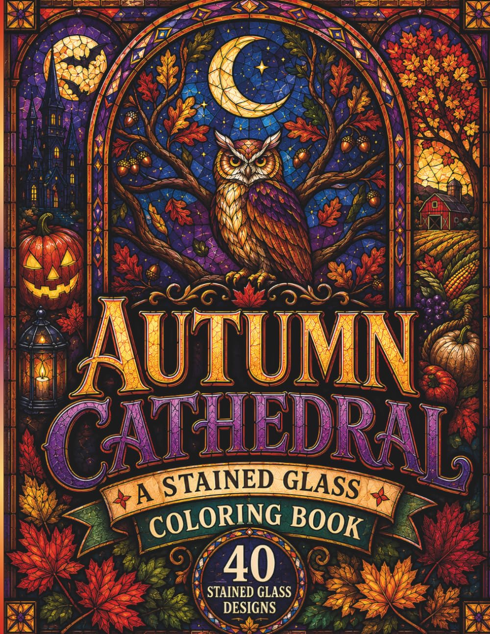 Autumn Cathedral: A Stained Glass Coloring Book: 40 Stained Glass Windows of Halloween Magic and Autumn Harvest for Adults and Teens baixar livro de graça