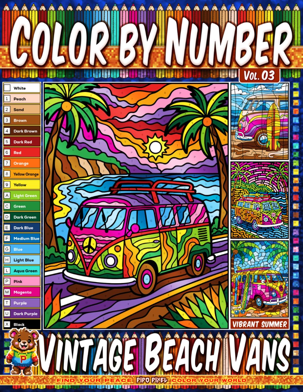 Color by Number Vol. 03 - Vintage Beach Vans: Vibrant Summer Edition - 20 Pages in Diverse Art Styles - Relaxing Retro Surf Bus Coloring Book For Adults baixar livro de graça