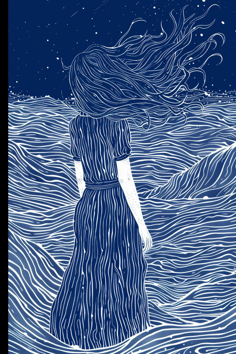 ler totalmente WishMerge Ocean Waves Night Bullet Journal Cover Design: Elegant Monochromatic Blue Artwork with Starry Sky and Flowing Hair, Dotted Notebook