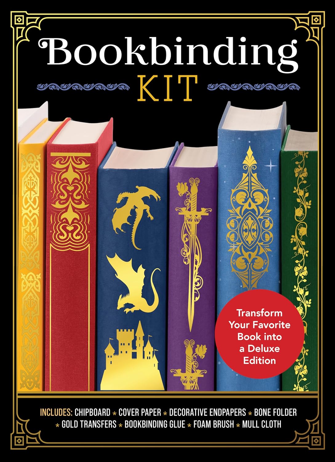 ler totalmente Bookbinding Kit: Transform Your Favorite Book into a Deluxe Edition - Includes: Chipboard, Cover Paper, Decorative Endpapers, Bone Folder, Gold Transfers, Bookbinding Glue, Foam Brush, Mull Cloth
