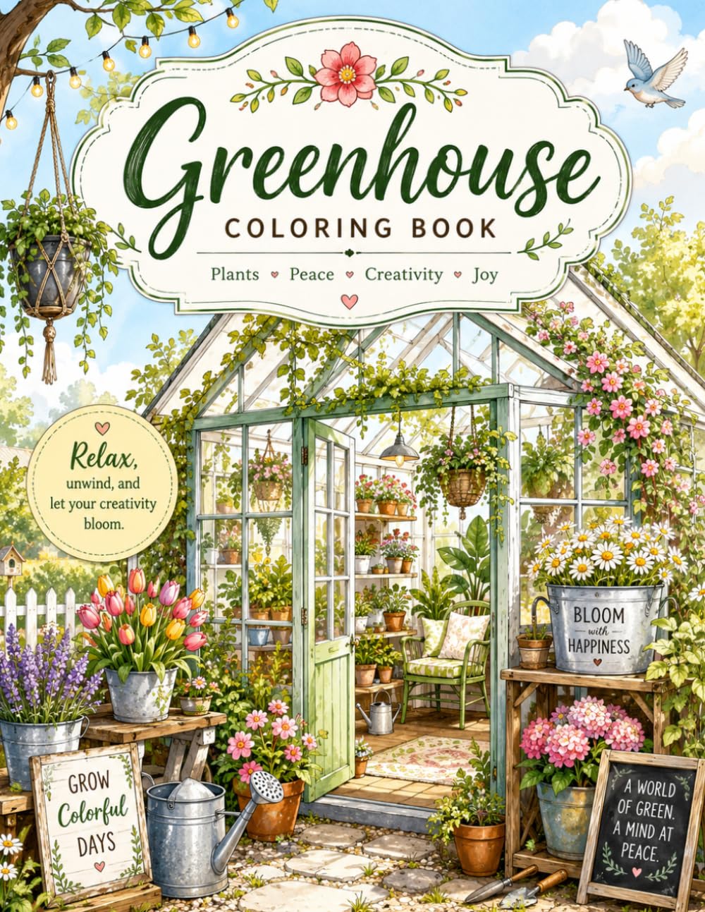 ler totalmente Greenhouse Coloring Book: A Relaxing Collection of Beautiful Greenhouses, Houseplants, Botanical Gardens, Flowers, Garden Sheds, and Cozy Nature Scenes