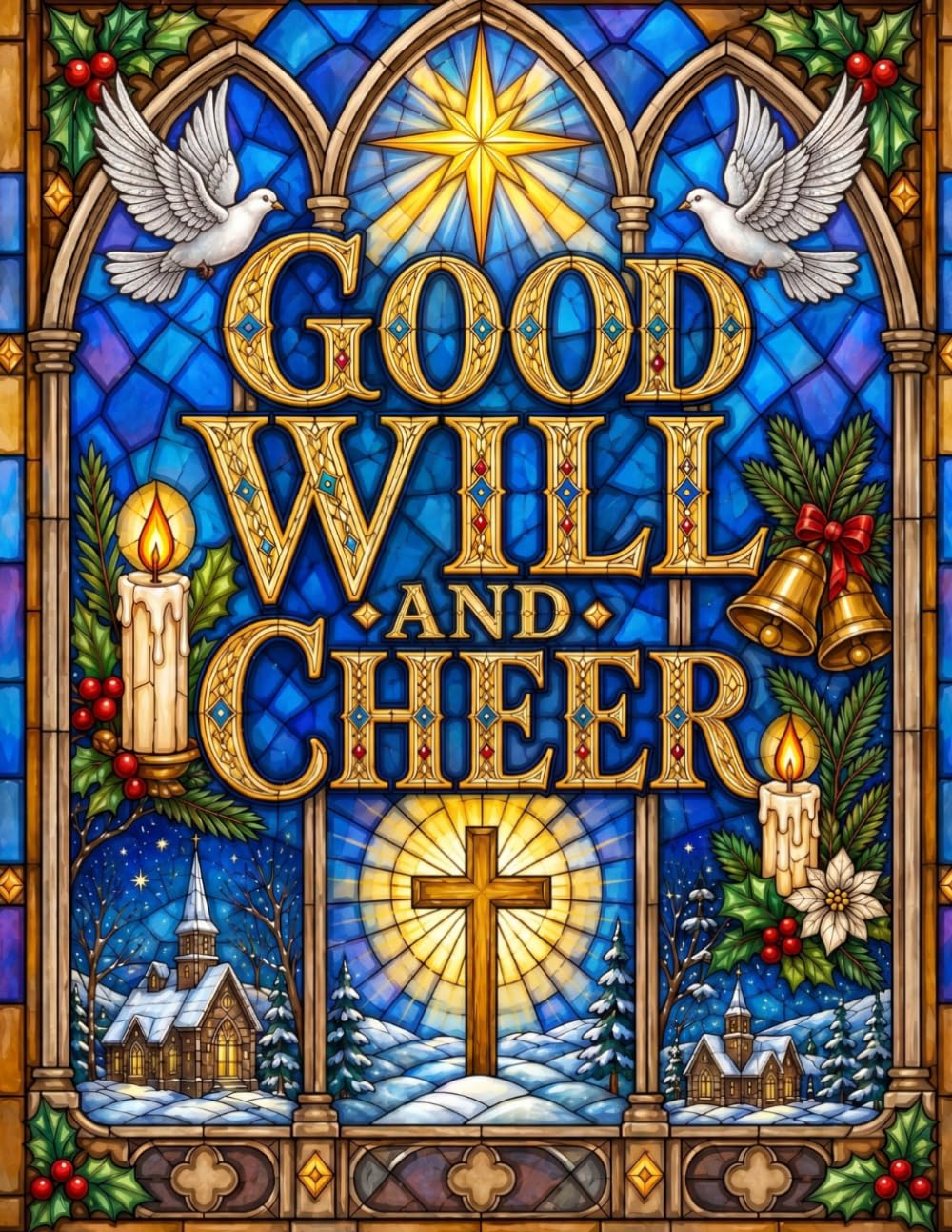 ler totalmente Good Will and Cheer: Christian Christmas Stained Glass Coloring Book