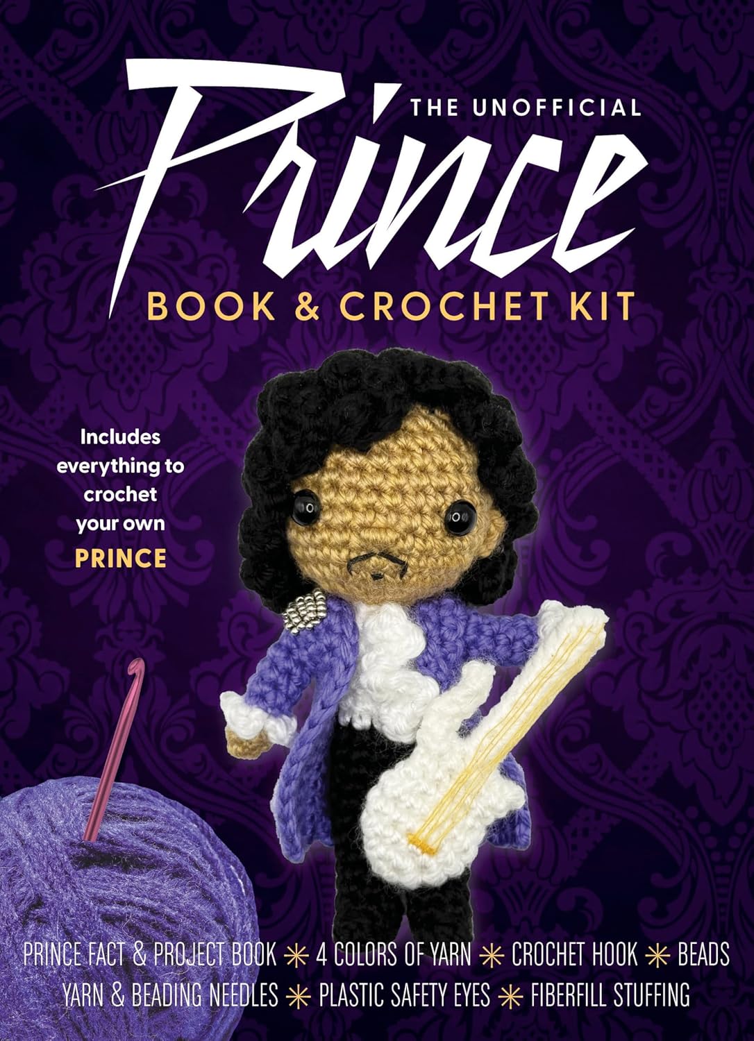 ler totalmente The Unofficial Prince Book and Crochet Kit: Includes Everything to Crochet Your Own Prince-Prince Fact and Project Book, 4 Colors of Yarn, Crochet... Plastic Safety Eyes, Fiberfill Stuffing