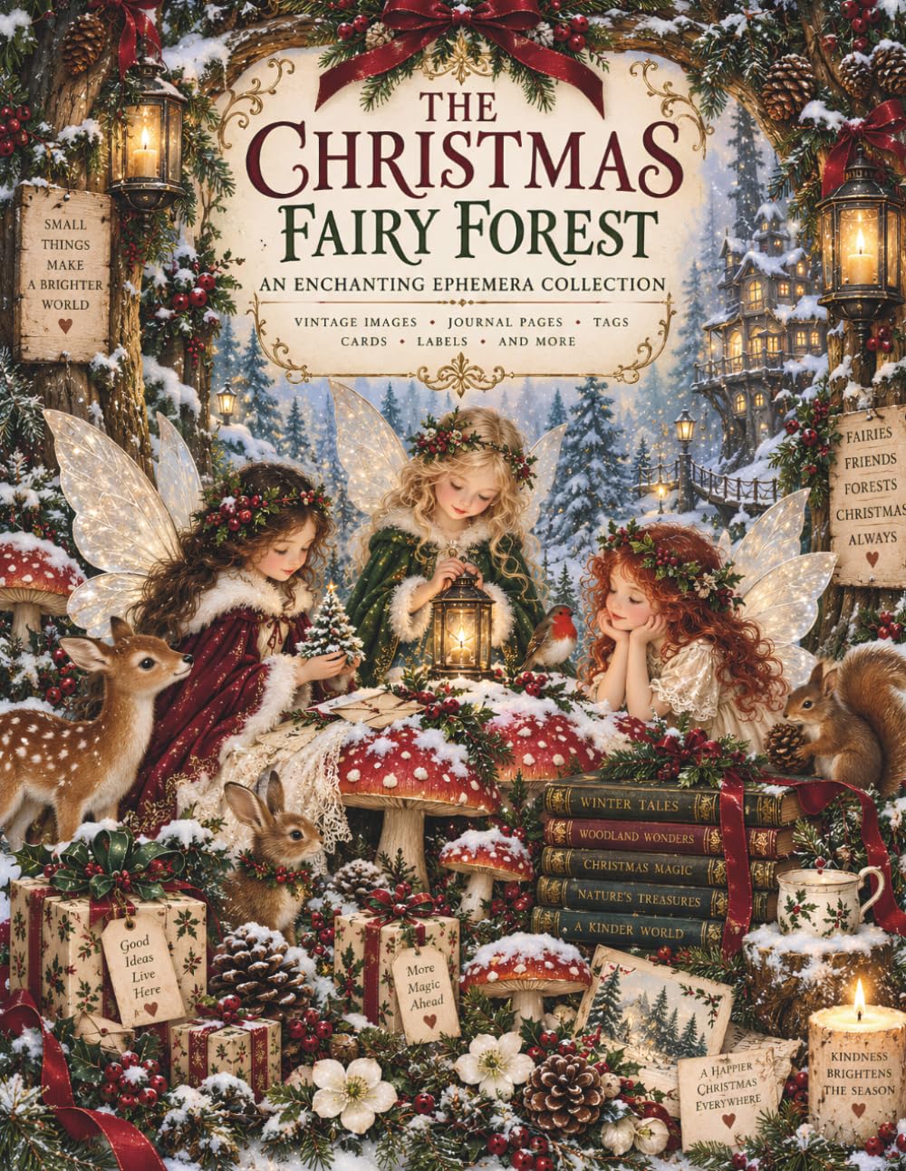 ler totalmente The Christmas Fairy Forest Ephemera Book: A Cozy Holiday Collection of Fairies, Woodland Animals, Pinecones, Berries, Gifts, Vintage-Inspired... Craft Papers and Layered Junk Journal Pieces