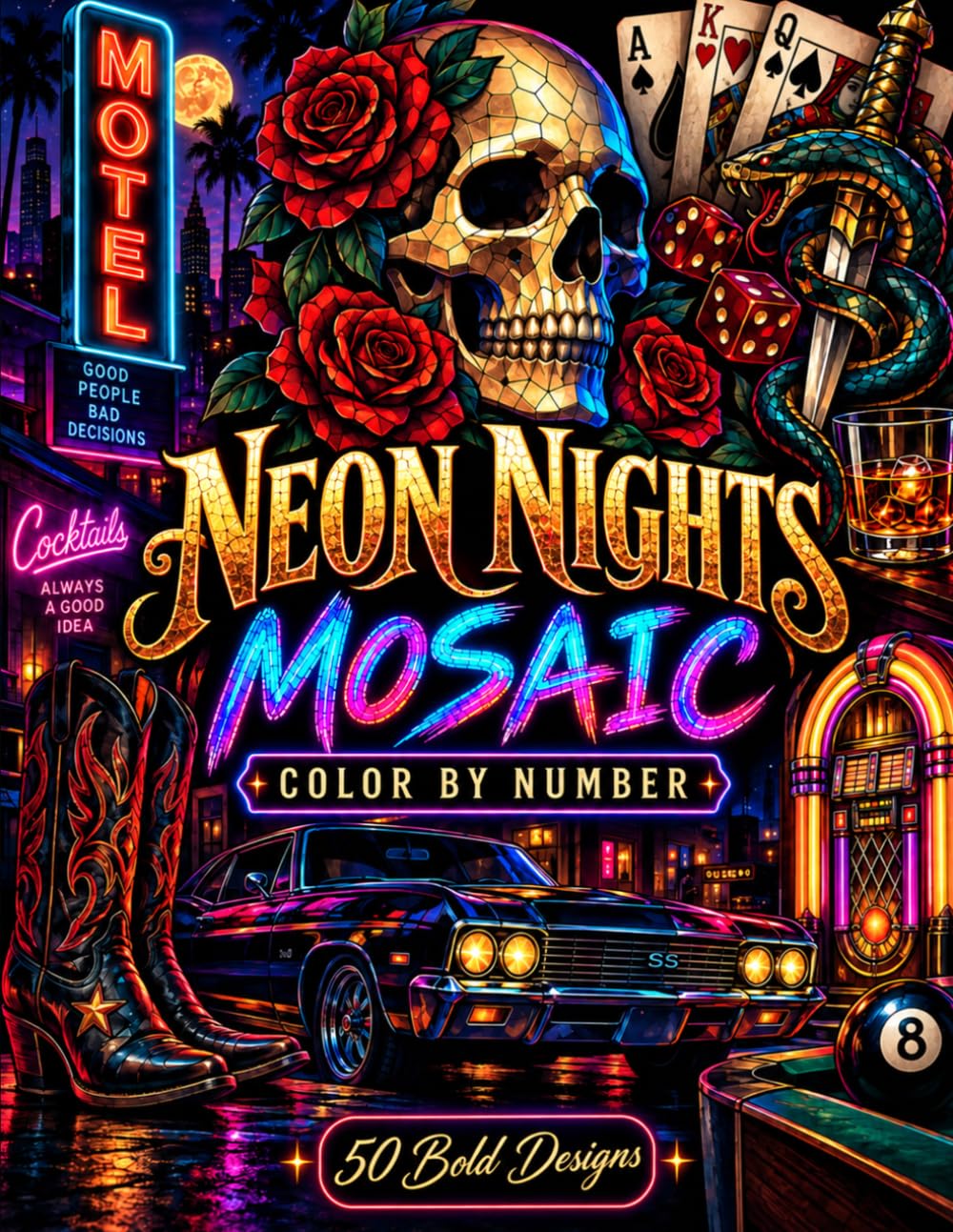 ler totalmente Neon Nights Mosaic: Color by Number for Adults Featuring Retro Motels, Classic Cars, Dive Bars, Diners, Tattoos, Route 66, Neon Signs & Late-Night Americana
