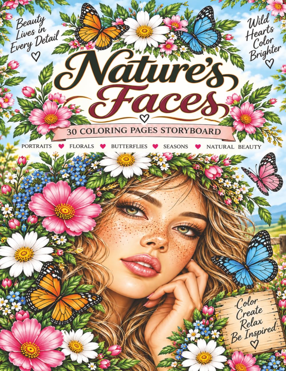 ler totalmente Nature’s Faces: A Relaxing Coloring Book of Beautiful Women, Flowers, Butterflies & the Beauty of Nature