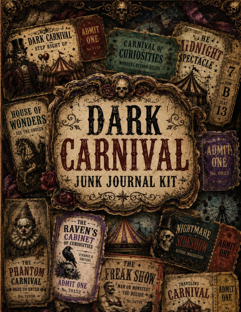 ler totalmente Dark Carnival Junk Journal Kit: 35+ Vintage Sideshow Tickets, 14 Cards and 7 Background Pages for Halloween Scrapbooking, Collage Art and Mixed Media Crafts