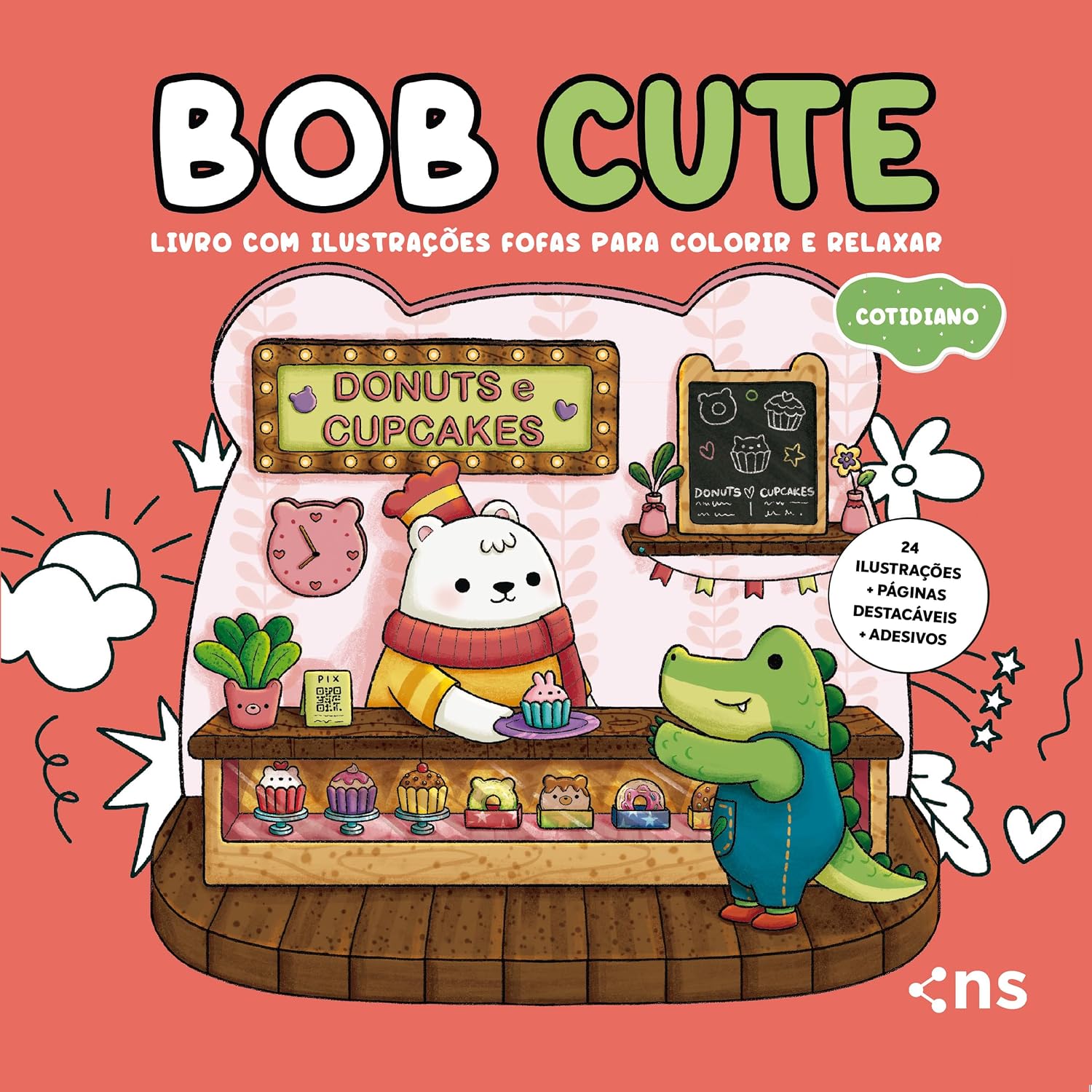 BOB CUTE - COTIDIANO - Livro com ilustrações fofas e originais para pintar, páginas destacáveis e acompanha uma cartela de adesivo - papel 180gr baixar livro de graça